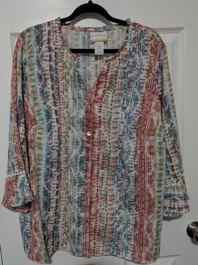 : Alfred Dunner Sedona Sky Vertical Stripe Button Down Top Blouse 1X 3/4 Sleeve